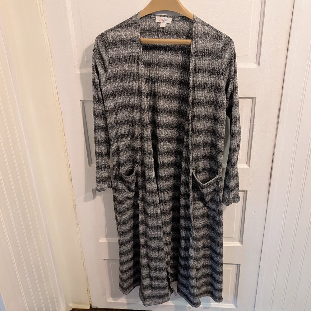 LuLaRoe Women's Sarah Duster Cardigan size S ribbed grey striped pattern